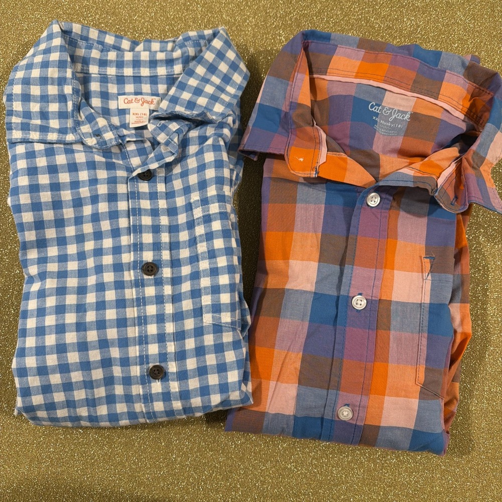 Cat & Jack Boys Husky 18 Plaid Orange/Blue Long Sleeve Button-Up Shirt